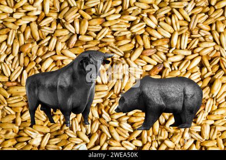 Bulle und Bär, Symbolfiguren der Börse, Bär gleich fallende Kurse, Bulle gleich steigende Kurse, Lebensmittelpreise, Getreidekörner, Teuerungsrate, Ge Stock Photo