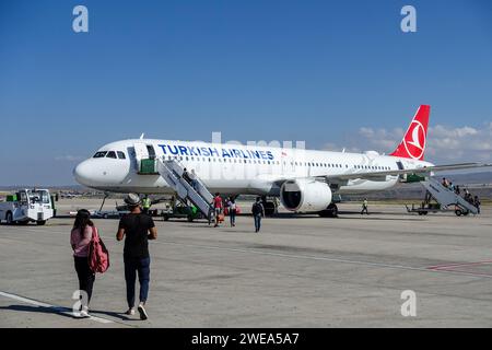 Passengers walking towards a Turkish Airlines airplane on the tarmac of Nevsehir airport, Cappadocia, under a clear blue sky Stock Photo