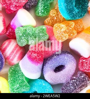 Selection of sugary jelly sweets, close up and full frame with selective focus Stock Photo