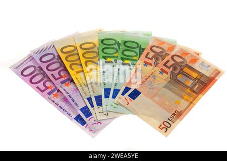 Verschiedene Geldscheine der europäischen Union. Euro Währung, Fächerform, Stock Photo