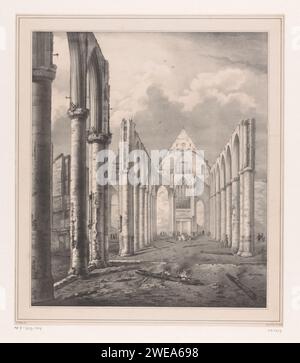 Ruin Grote Kerk in Hoorn, Paulus Jolly, 1838 print View in the ship of the church. The roof has burned down completely. In the middle are smoldering pieces of wood and the church bells. Figures run between the debris. Print Maker: Hoorn (North Holland) Printer: Dordrecht paper  ruin of church, monastery, etc.. parts of church interior Hoorn (North Holland) Stock Photo