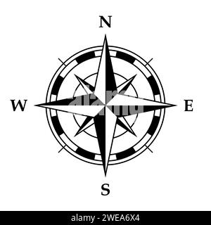 Compass rose symbol, black and white vector illustration of four cardinal directions Stock Vector
