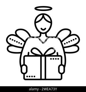 Deliveryman with a package black line vector icon, courier angel with a box gift pictogram Stock Vector