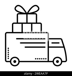 Delivery by large truck, big car with cargo, transportation of packages, boxes, gifts, parcels, post. Single black line vector icon, minimal illustrat Stock Vector