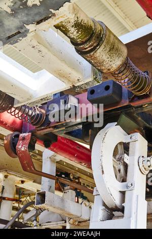 Vintage Industrial Machinery Detail - Rusted Drill, Metal Spring, and Beams Stock Photo