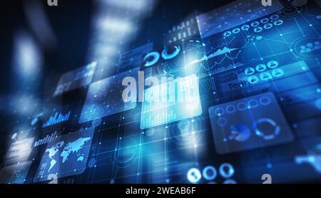 Business intelligence analyst dashboard on virtual screen. Big data Graphs Charts. Stock Photo