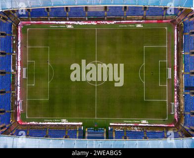Bolton Wanderers Football Club, Tough Sheet Community Stadium Aerial Image after snow fall. 16th January 2024 Stock Photo