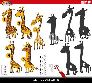 Cartoon illustration of finding the right shadows to the pictures educational activity with giraffes animal characters Stock Vector