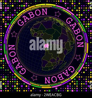 Futuristic Gabon on globe. Bright neon satellite view of the world centered to Gabon. Stock Vector