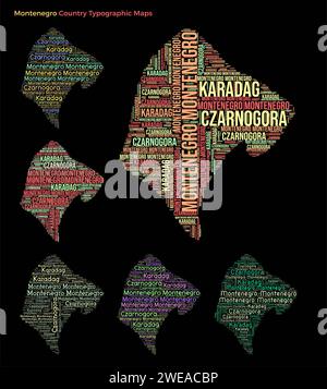 Montenegro. Set of typography style country illustrations. Montenegro map shape build of horizontal and vertical country names. Vector illustration. Stock Vector