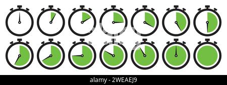 Clock icon set in light green color. Stopwatch symbol set. Countdown clock stopwatch, timer vector illustation. Collection of timer icon set in green. Stock Vector