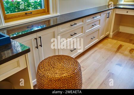 Modern Kitchen with White Cabinets and Natural Light - Eye-Level View Stock Photo