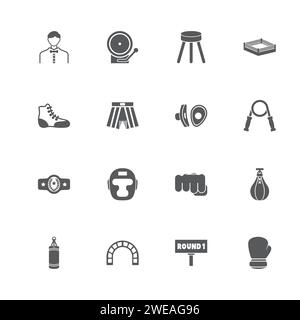 Boxing and Fighting icons. Perfect black pictogram on white background. Flat simple vector icon. Stock Vector