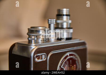 Vintage Camera with Leather Case and Lenses Close-Up Stock Photo
