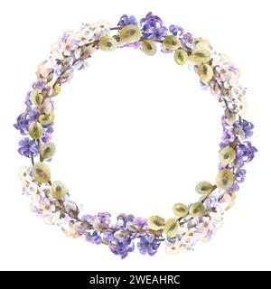 Watercolor Easter willow and hyacinth round wreath. Hand painted willow branch isolated on white background. Design for printing postcards, invitation Stock Photo
