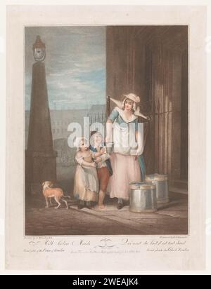 Melkmeid, Luigi Schiavonetti, after Francis Wheatley, 1793 print A young woman with a yoke on her shoulders, standing on the street in the company of two young children. In addition to her two large milk buckets and a smaller bucket in her right hand. On the left a dog and a street lamp. Title in the end margin. London paper engraving 'cris de Paris', cries of London, etc.. milkmaid. selling. carrying something with yoke Stock Photo