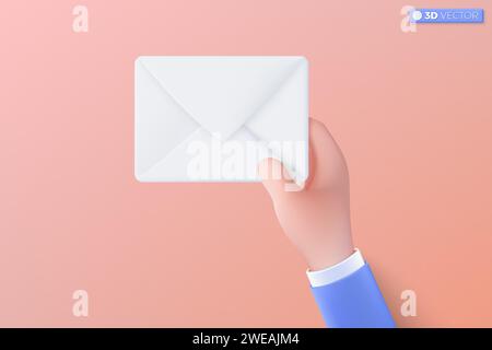 3d hand and whilte mail envelope icon symbol. Render email notification with letters, lay off, be fired from the company, donate concept. 3D vector is Stock Vector