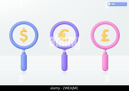 Magnifying glass. Search, discovery, finding details, research, analysis concept. 3D vector isolated illustration design. Cartoon pastel Minimal style Stock Vector