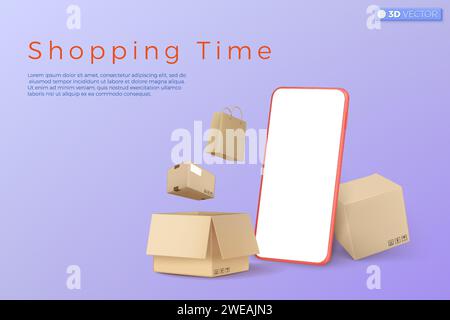 3d smart phone and carton box icon symbol. discount promotion, Sell reduced prices, shopping paper bag, online shopping time concept. 3D vector isolat Stock Vector