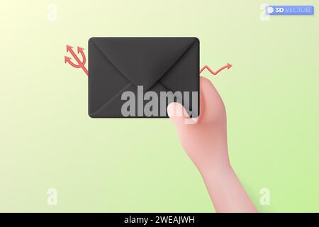 3d hand and Black mail envelope icon symbol. Render email notification with letters, bad news, betrayal, corruption concept. 3D vector isolated illust Stock Vector