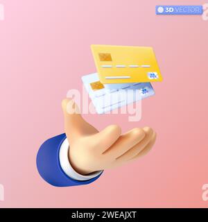 3d hand and credit card icon symbol. debit or credit card, Business card, financial, security card, employee card, Mockup concept. 3D vector isolated Stock Vector