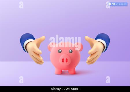 3d hand shielding protect piggy bank icon symbol. protect money from inflation or economic crisis. insurance, wealth management concept, 3D vector iso Stock Vector