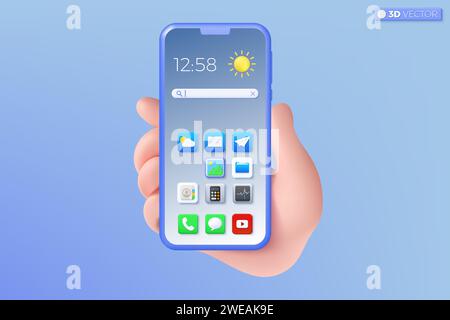 3d hand holding mobile phone icon symbol. Realistic smartphone with empty screen, Phone mockup. Editable device mobile template concept. 3D vector iso Stock Vector