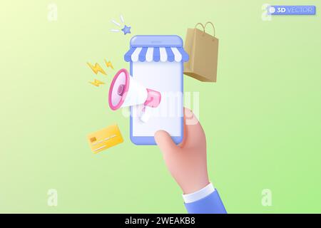 3d megaphone speaker with lightning icon symbol. loudspeaker announce discount promotion, Sell reduced prices, shopping time concept. 3D vector isolat Stock Vector