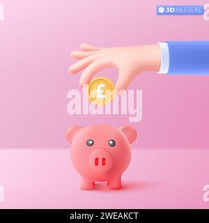 3d hand and piggy bank icon symbol. profit and growth, pound sterling gold coin. money storage, financial, Money creative business concept. 3D vector Stock Vector