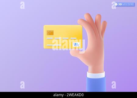 3d hand and credit card icon symbol. debit or credit card, Business card, financial, security card, employee card, Mockup concept. 3D vector isolated Stock Vector