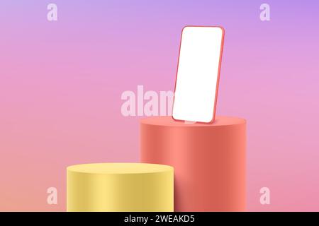 3d mobile phone on a cylindrical podium icon symbol. products display presentation, Device UI UX mockup blank screen, Podium concept. 3D vector isolat Stock Vector