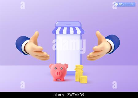 3d hand and piggy bank icon symbol. profit and growth, coins and mobile phone. money storage, Shopping Online business concept. 3D vector isolated ill Stock Vector