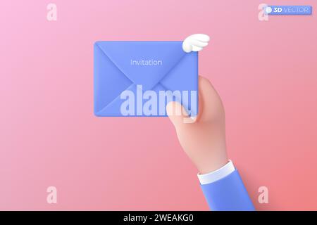 hand and invittion envelope with angle wing icon symbol. Giving love email, message in love, Mother and Valentine Day greetings concept. 3D vector iso Stock Vector