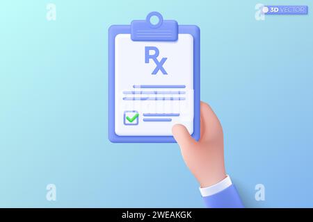 3D prescription RX with pills and capsule on clipboard icon symbol. first aid and health care check, pharmacy, Doctor paper form concept. 3D vector is Stock Vector