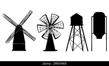 Set of farm buildings silhouettes isolated on white background. Vector clipart. Stock Photo