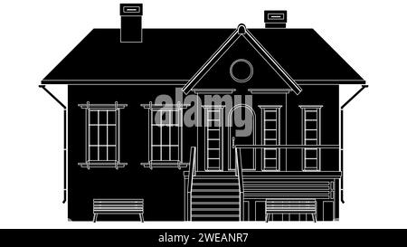 Black silhouette of one-story house with porch and benches isolated on white background. Vector clipart. Stock Photo