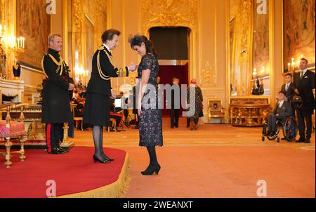 Alexandra Johnson, from Chorley, Co-Founder, Duchenne UK, Co-Founder, Joining Jack and lately Board Member, World Duchenne Organisation, is made an Officer of the Order of the British Empire by the Princess Royal at Windsor Castle. The honour recognises services to charity and to people with Duchenne Muscular Dystrophy. 16 Picture date: Wednesday January 24, 2024. Stock Photo