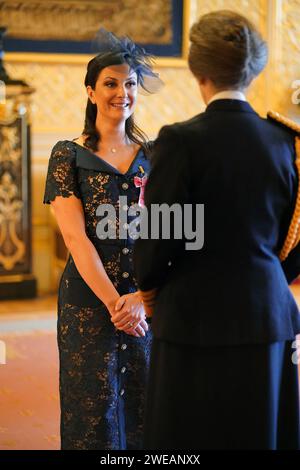 Alexandra Johnson, from Chorley, Co-Founder, Duchenne UK, Co-Founder, Joining Jack and lately Board Member, World Duchenne Organisation, is made an Officer of the Order of the British Empire by the Princess Royal at Windsor Castle. The honour recognises services to charity and to people with Duchenne Muscular Dystrophy. 16 Picture date: Wednesday January 24, 2024. Stock Photo