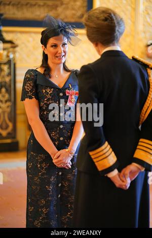 Alexandra Johnson, from Chorley, Co-Founder, Duchenne UK, Co-Founder, Joining Jack and lately Board Member, World Duchenne Organisation, is made an Officer of the Order of the British Empire by the Princess Royal at Windsor Castle. The honour recognises services to charity and to people with Duchenne Muscular Dystrophy. 16 Picture date: Wednesday January 24, 2024. Stock Photo