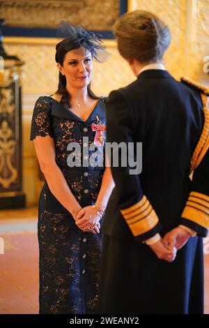 Alexandra Johnson, from Chorley, Co-Founder, Duchenne UK, Co-Founder, Joining Jack and lately Board Member, World Duchenne Organisation, is made an Officer of the Order of the British Empire by the Princess Royal at Windsor Castle. The honour recognises services to charity and to people with Duchenne Muscular Dystrophy. 16 Picture date: Wednesday January 24, 2024. Stock Photo