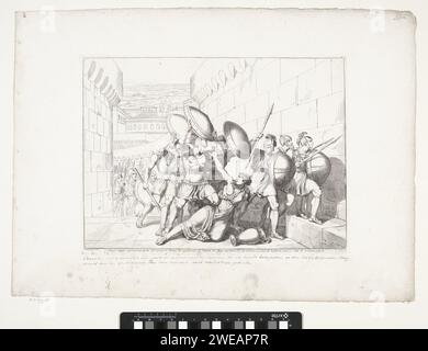 Tarpeia killed by Sabijnse Soldiers, Bartolomeo Pinelli, 1818 print After Tarpeia has entered the Sabijnse soldiers into the city, she is killed by the soldiers. Rome paper etching death of Tarpeia: she is crushed under the shields of the Sabines, as punishment for betraying her country Stock Photo