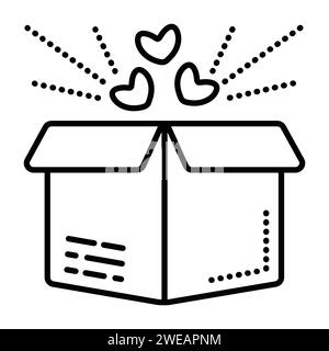 Single open gift box pictogram, black line vector icon of a package, parcel Stock Vector