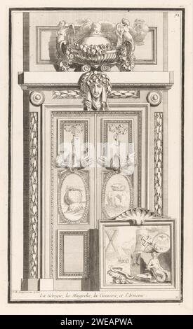 Georgia, Mingrelia (Georgia), Cirkassia (Czechesia, Kaucasus) and Armenia, Jean Charles Delafosse, 1768 - 1771 print An ornamented door with arrow tubes, torches, medallions and a designer-de-porte with a smoking vessel with half figures. On the right a square list of a mermaid on a crocodile, masks, and burning hearts. Print number 52. Paris paper etching / engraving door. Georgia. Caucasus. Armenia Stock Photo