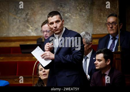 © Thomas Padilla/MAXPPP - 24/01/2024 ; Paris, FRANCE ; SEANCE DE QUESTIONS AU GOUVERNEMENT DANS L' HEMICYCLE DE L' ASSEMBLEE NATIONALE. DAVID VALENCE. Session of questions to the Government at the French National Assembly in Paris, on January 24, 2024. Credit: MAXPPP/Alamy Live News Stock Photo