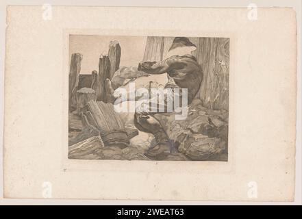 Wrecking worker, Johannes Josephus Aarts, 1881 - 1934 print A man in work clothes with a hat squeezes with a rod between wooden boards that together form a wall. Left in the foreground a broken wooden barrel.  paper. pencil engraving working class, labourers Stock Photo