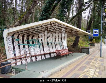 Sochi, Russia - February 12, 2023:Public transport stop 'Sanatorium 'Green Grove', Sochi Stock Photo