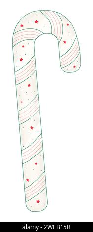 Winter candy cane with red stars, vector color line illustration Stock Vector