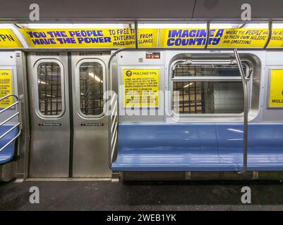 Advertising for the Sweden-based Mulllvad VPN and browser in a subway car in New York on Wednesday, January 17, 2024. (© Richard B. Levine) Stock Photo