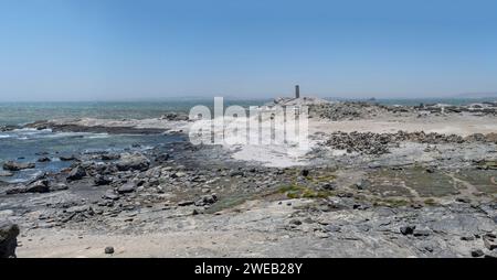 aerial landscape with Atlantic ocean shore east of historical site, shot in bright late spring light at Diaz point, Namibia, Africa Stock Photo