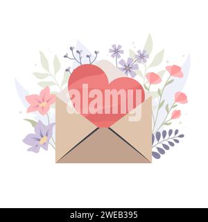 Heart in an envelope on a flowers background Stock Vector